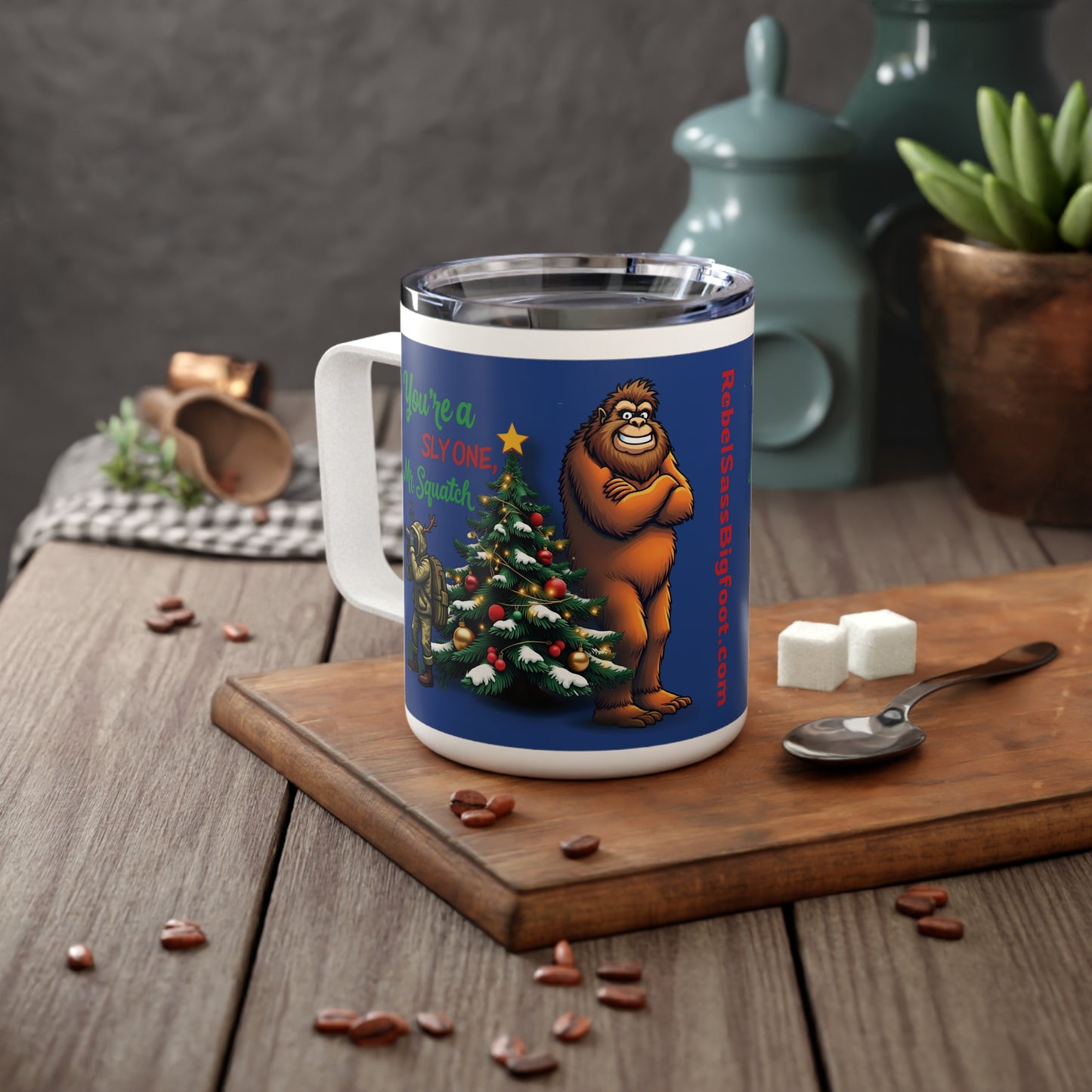 "You're A Sly One Mr. Squatch"-  Bigfoot Sasquatch Christmas- Insulated Coffee Mug, 10oz