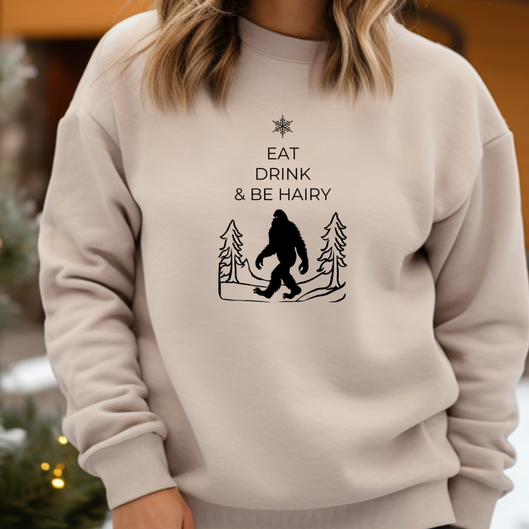 Eat Drink And Be Hairy- Funny Bigfoot Sasquatch Christmas Sweatshirt - Unisex Heavy Blend™ Crewneck Sweatshirt