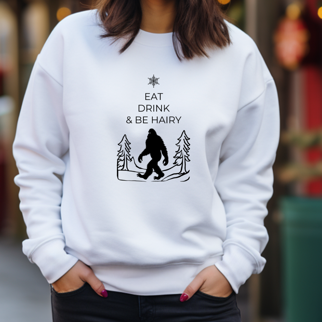 Eat Drink And Be Hairy- Funny Bigfoot Sasquatch Christmas Sweatshirt - Unisex Heavy Blend™ Crewneck Sweatshirt