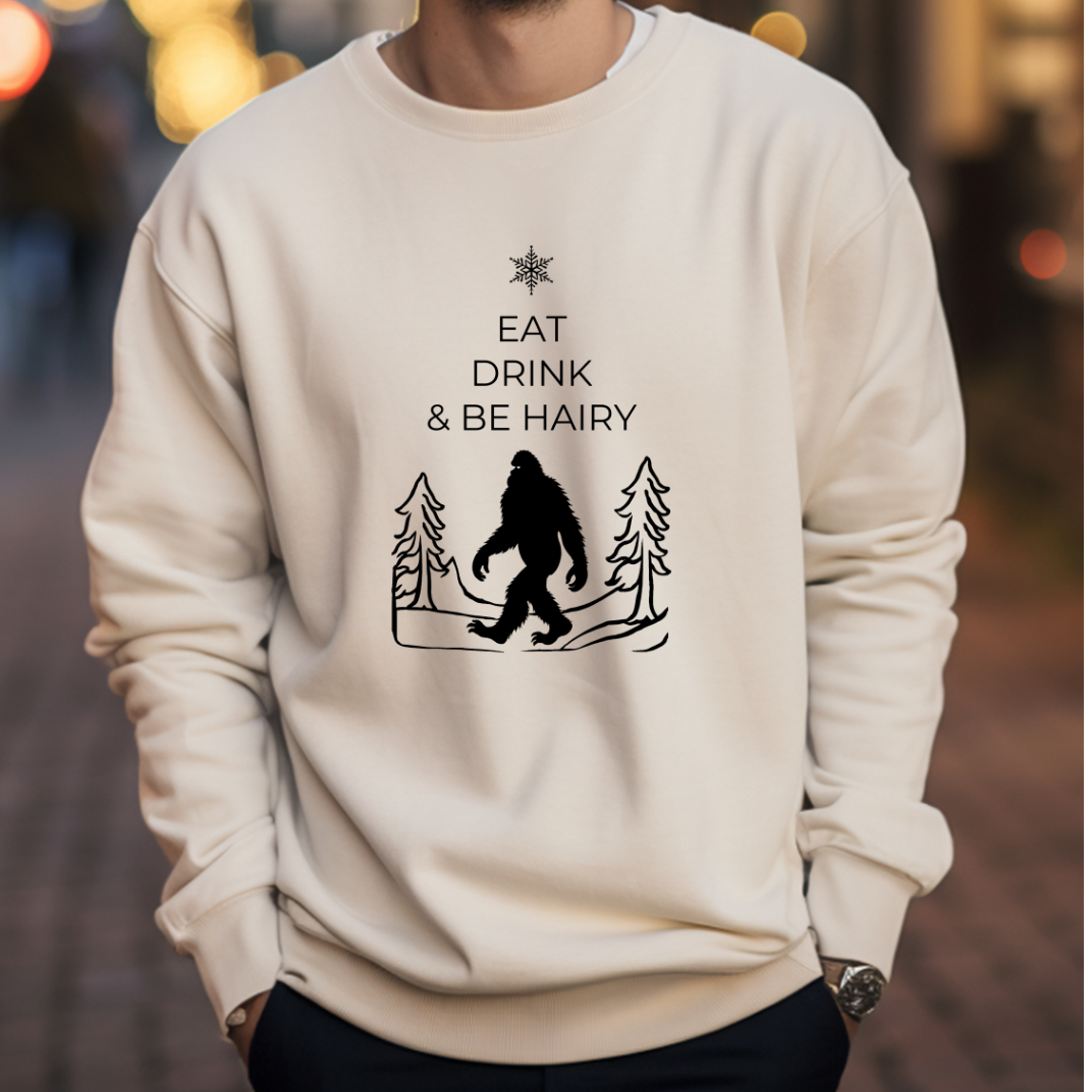 Eat Drink And Be Hairy- Funny Bigfoot Sasquatch Christmas Sweatshirt - Unisex Heavy Blend™ Crewneck Sweatshirt